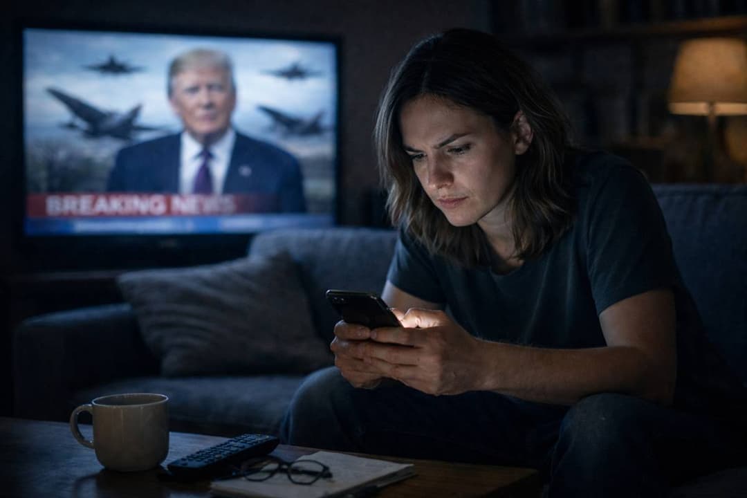 אישה יושבת בסלון חשוך בלילה, מוארת מאור הטלפון, כשברקע מסך טלוויזיה מטושטש עם שידור חדשות על טראמפ ומטוסים