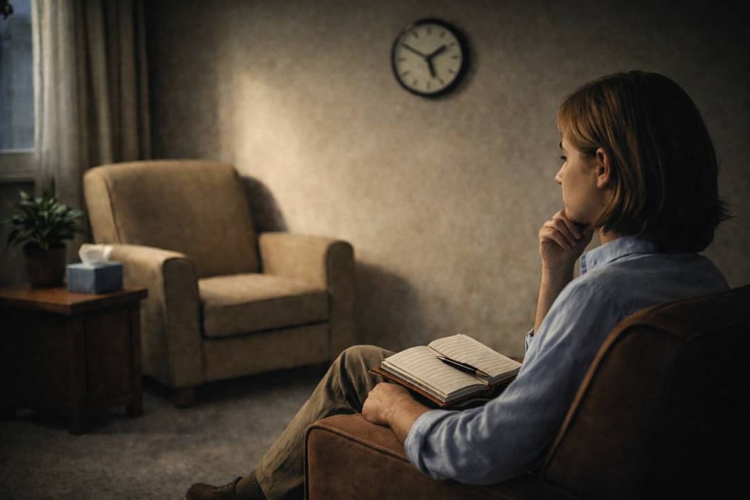 פסיכולוגית יושבת בקליניקה שקטה ומביטה בכורסה ריקה מולה, באור טבעי רך, ברקע שעון קיר ושולחן עם קופסת טישו, אווירה מהורהרת ואינטימית של חדר טיפול ללא מטופל