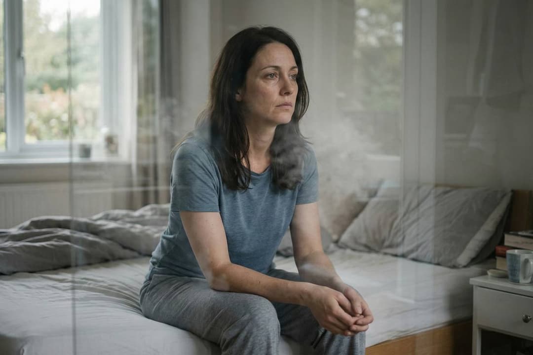 אישה במבט עייף יושבת על מיטה בבוקר, ממחישה התמודדות עם פיברומיאלגיה.