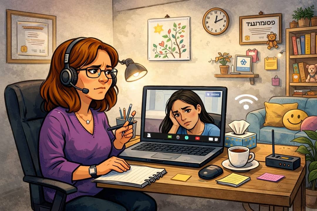 פסיכולוגית מקיימת טיפול בזום עם מטופלת עצובה מחדר עבודה ביתי
