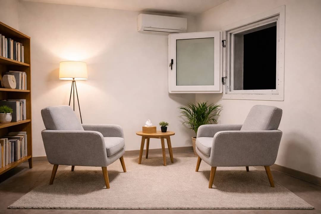 חדר ממד עם שני כיסאות המשמש כמקום טיפול בזמן מלחמה