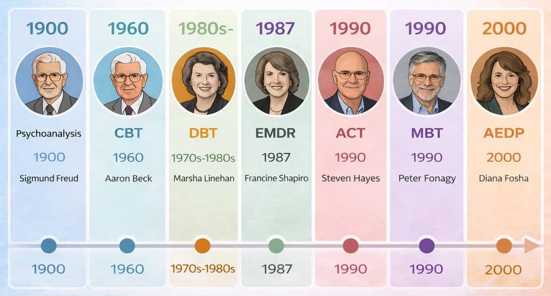 אינפוגרפיקה המציגה את התפתחות הגישות המרכזיות בפסיכותרפיה לאורך השנים, מפרויד ועד AEDP, המדגימה את הבסיס הרעיוני שממנו התפתחה פסיכותרפיה אינטגרטיבית.