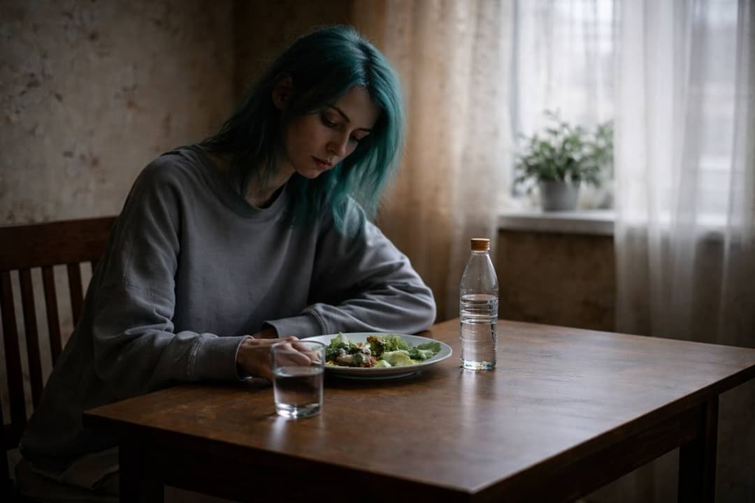 אישה עם אנורקסיה יושבת מול צלחת אוכל