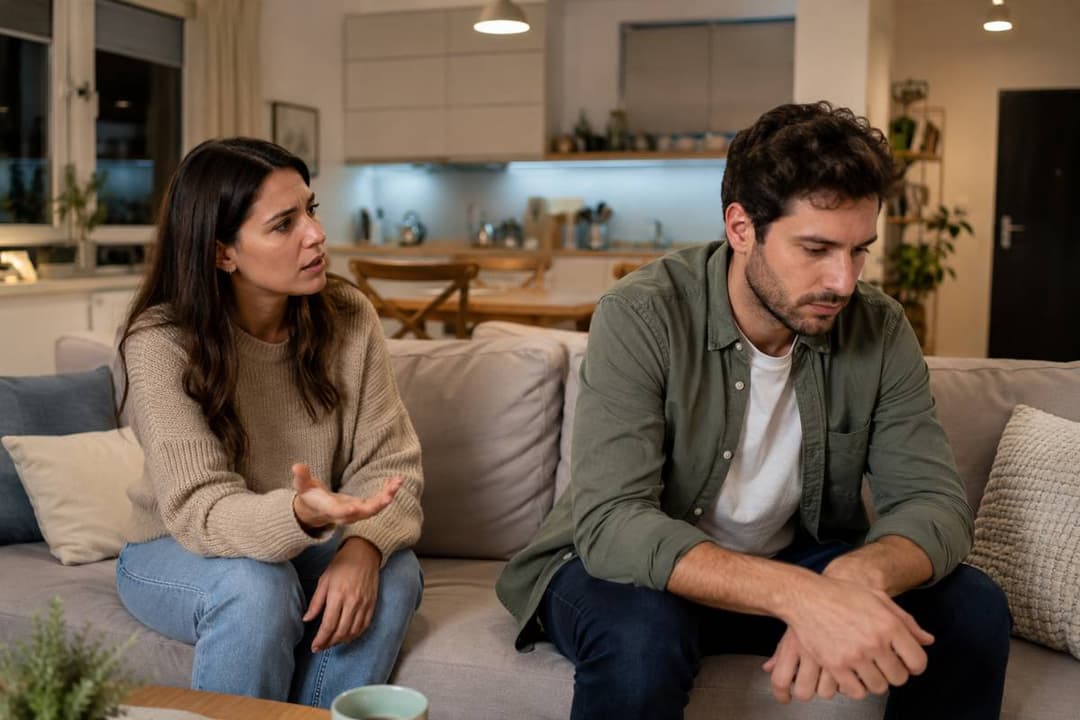 זוג בסלון במהלך שיחה מתוחה: האישה מנסה לדבר והגבר מביט מטה ומסתגר.